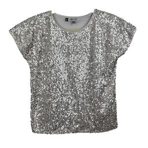 Jennifer Lopez Vintage Y2K Sequin Short Sleeve Top Silver Shiny Going Out XS EUC